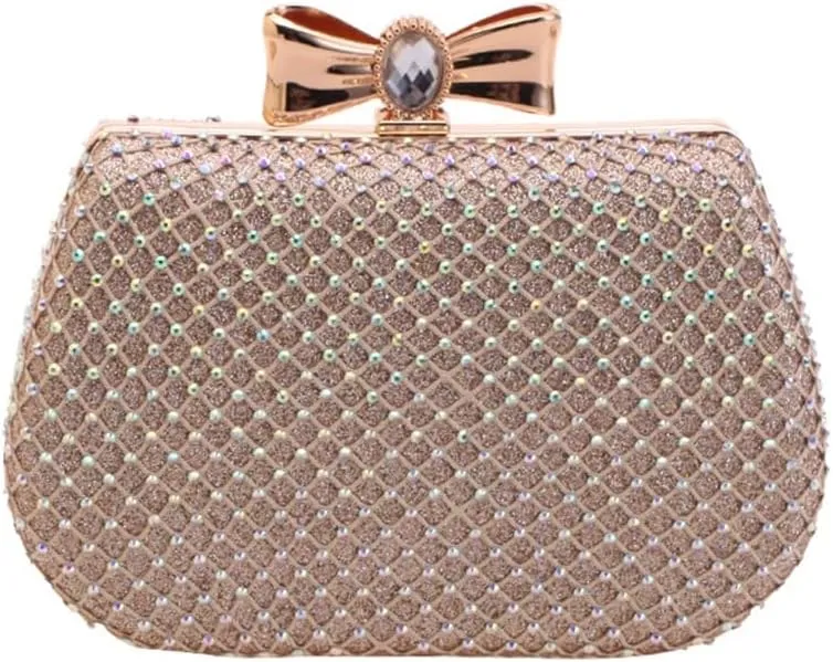 Alloy Studded mesh Diamond Evening Party Bag Clutch Women's Bag Bow Women's Bag(E)