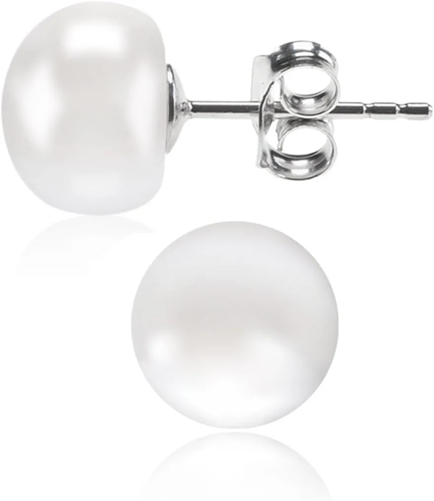 ALYC Pearl Earrings Freshwater Pearl White Button Stud Earrings with 925 Sterling Silver for Women