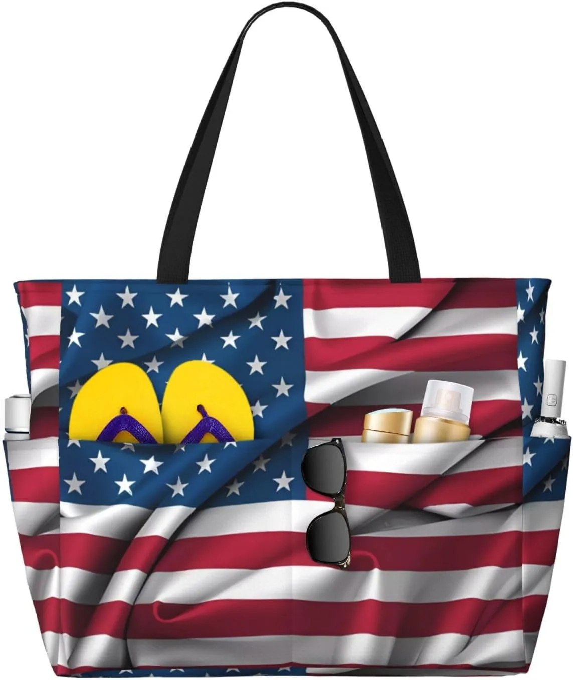 American Flag Print 28L Large Beach Tote Bag, 7 Pockets Waterproof Travel Shoulder Bag, Gym Oversized Tote