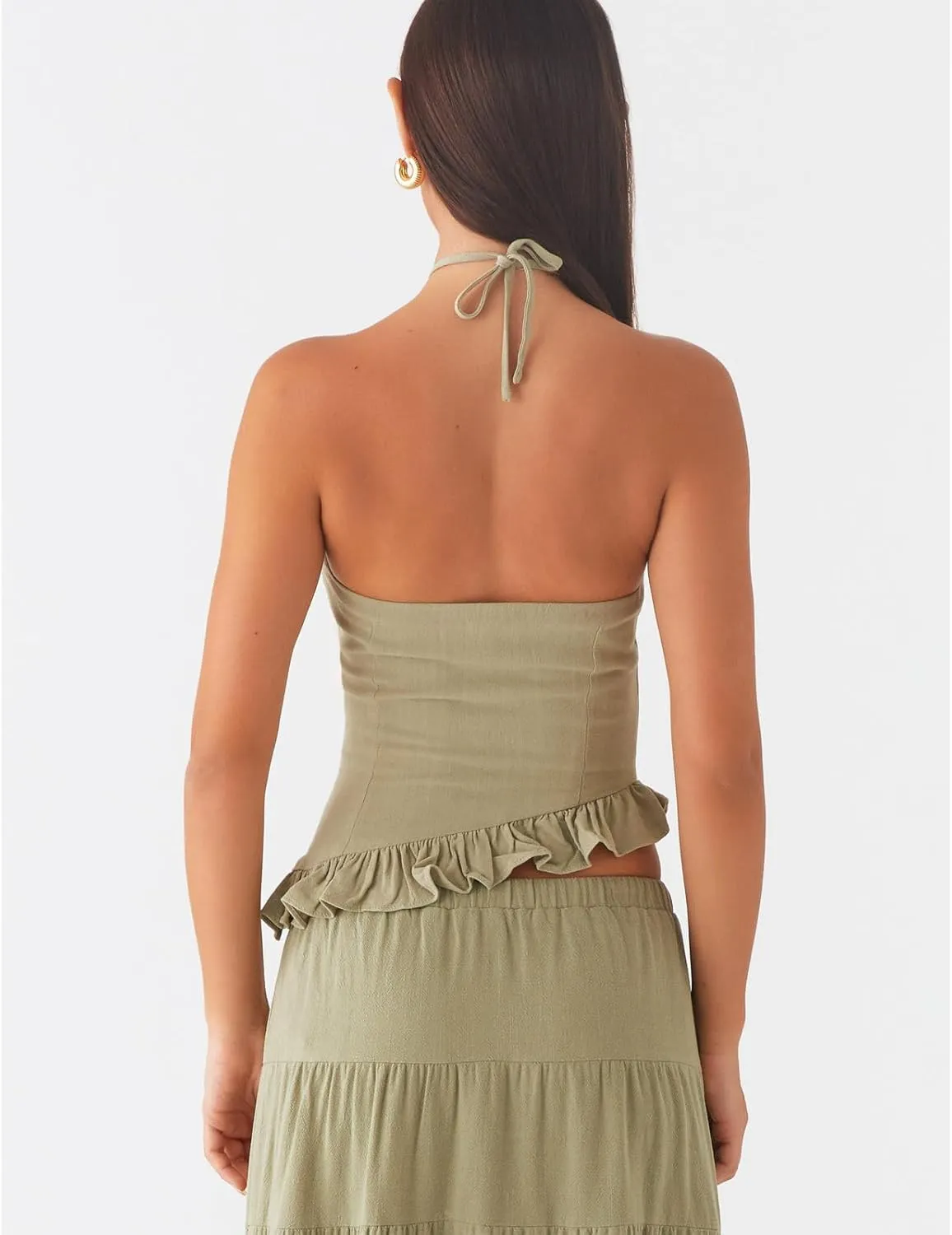 Amiblvowa Women Ruffle Frill Halter Tops Sexy Cutout Backless Cami Tanks Asymmetrical Hem Y2K Slim Fit Cute Going Out Top