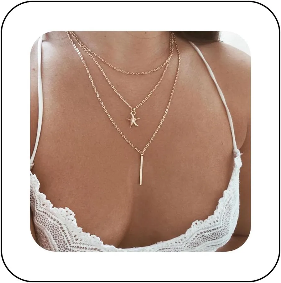 Andelaisi Starfish Pendant Necklace Chain Boho Layered Stick Bar Necklace Choker Gold Starfish Chain Necklaces Vintage Long Necklace Chain Jewelry for Women
