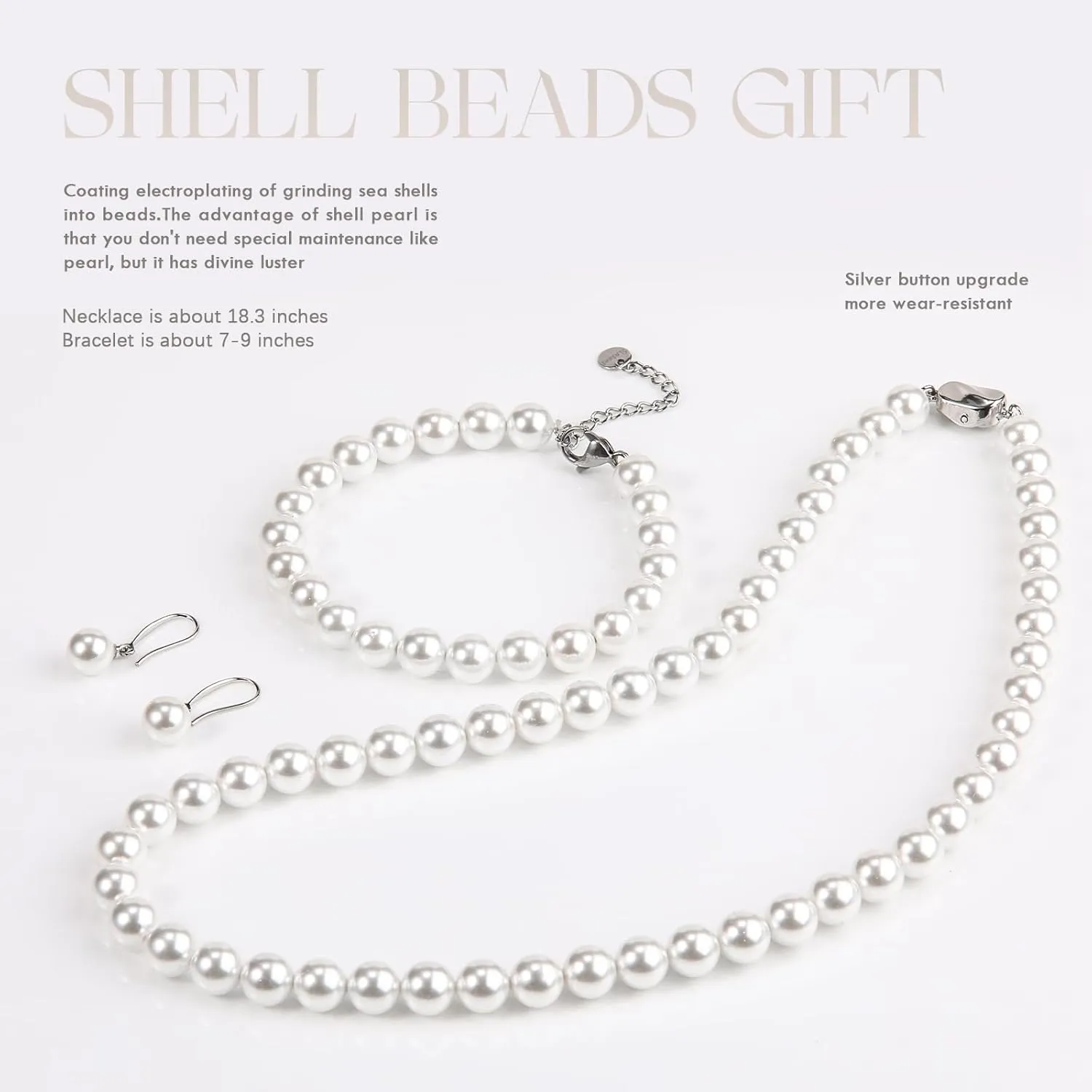 AOOVOO Pearl Necklace Set for Women, 8mm Round Shell Pearl Includes Stunning Bracelet and Dangle Earrings 3 Piece Jewelry, Birthday Christmas Gift for Mom Wife Sister Best Friend, Gift Box