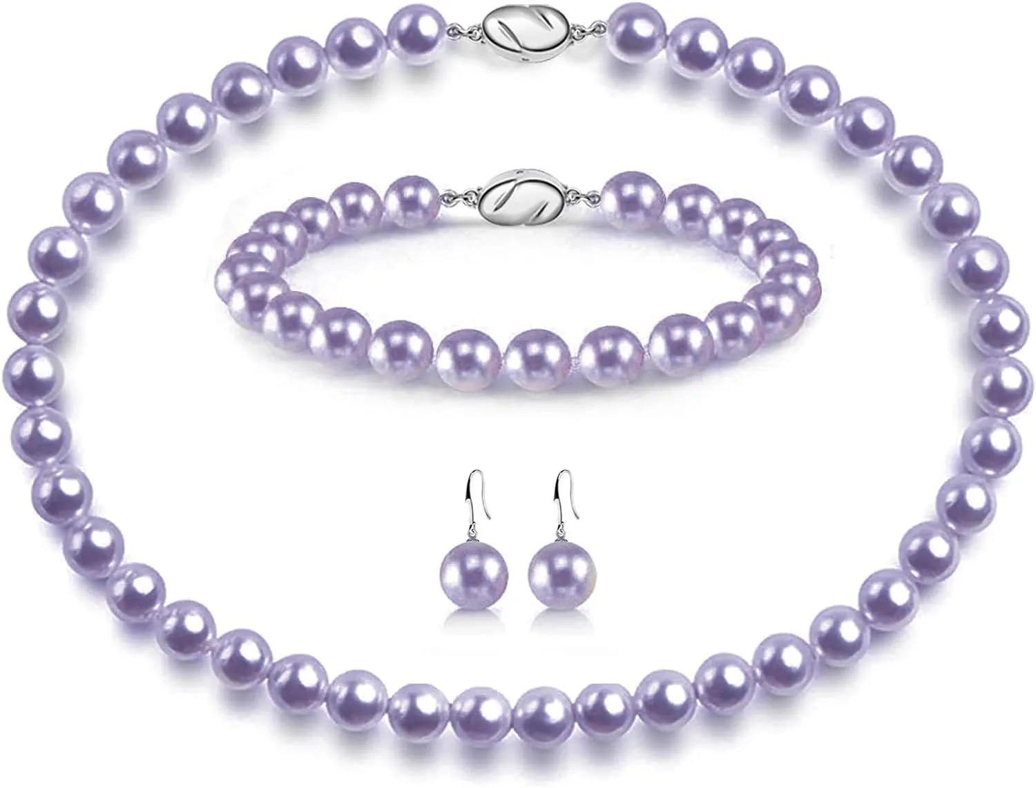 AOOVOO Pearl Necklace Set for Women, 8mm Round Shell Pearl Includes Stunning Bracelet and Dangle Earrings 3 Piece Jewelry, Birthday Christmas Gift for Mom Wife Sister Best Friend, Gift Box
