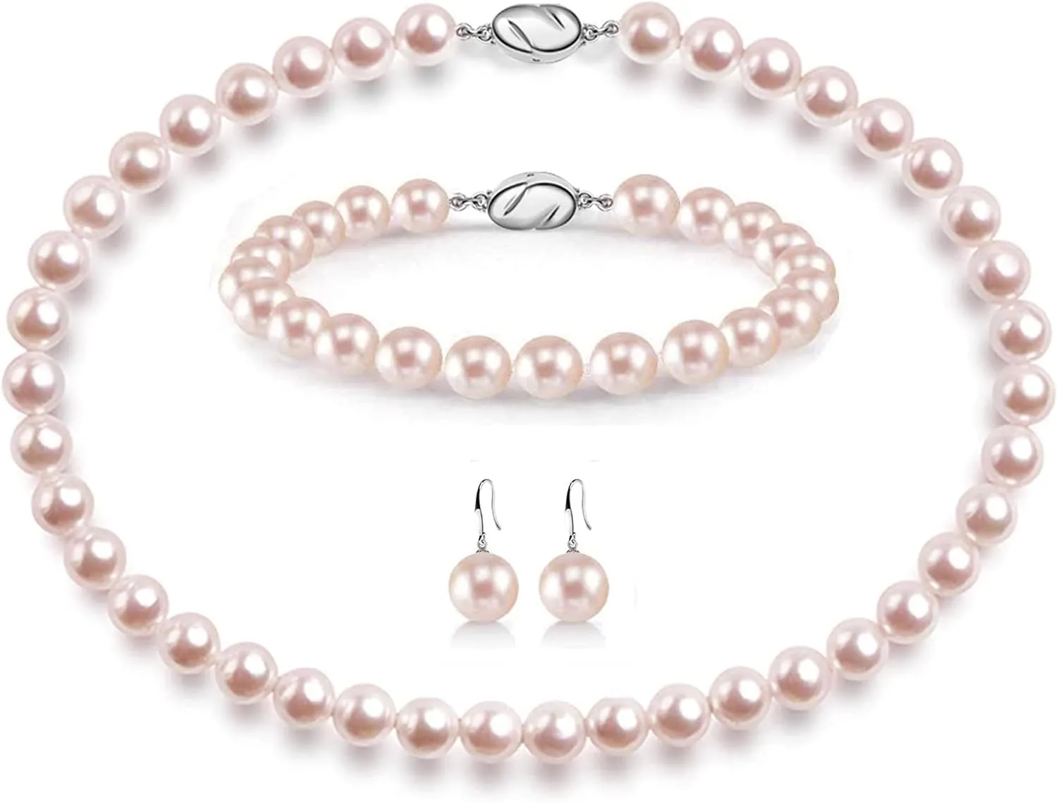 AOOVOO Pearl Necklace Set for Women, 8mm Round Shell Pearl Includes Stunning Bracelet and Dangle Earrings 3 Piece Jewelry, Birthday Christmas Gift for Mom Wife Sister Best Friend, Gift Box