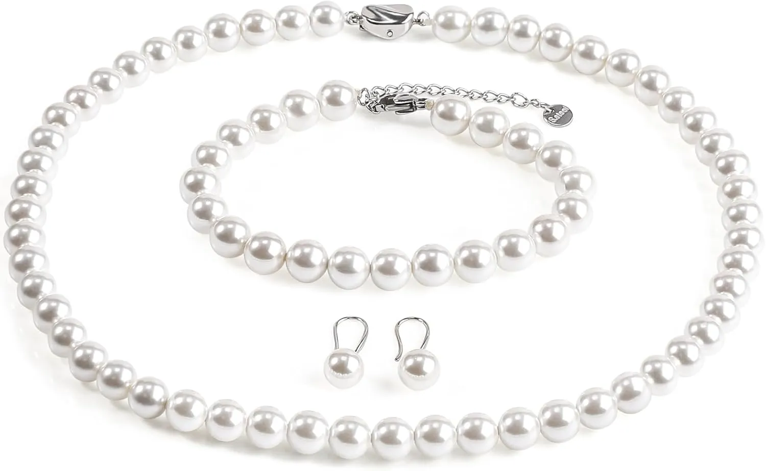 AOOVOO Pearl Necklace Set for Women, 8mm Round Shell Pearl Includes Stunning Bracelet and Dangle Earrings 3 Piece Jewelry, Birthday Christmas Gift for Mom Wife Sister Best Friend, Gift Box
