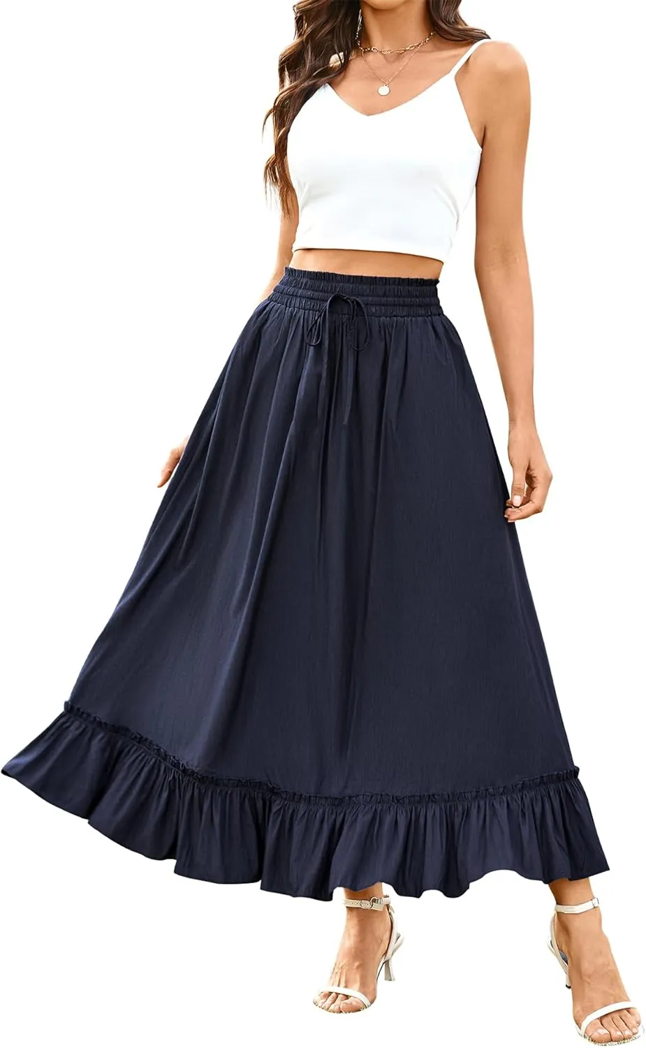 Arolina Womens Summer Boho Flowy Tiered Maxi Skirt 2025 Fashion Elastic Waist Pleated Long Beach Dress with Pockets Navy Blue