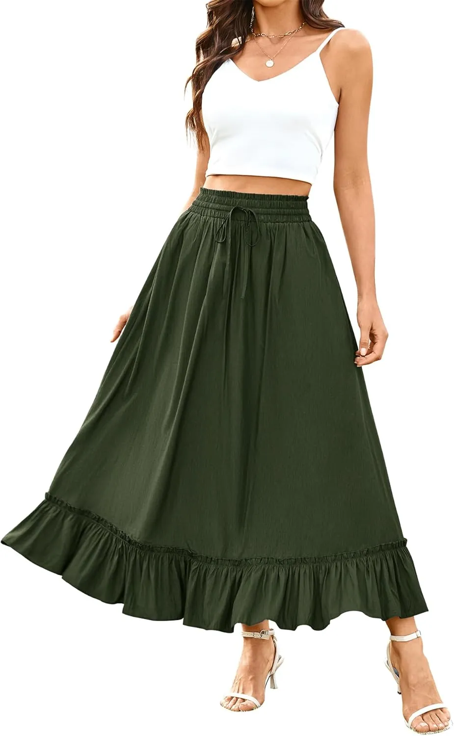 Arolina Womens Summer Boho Flowy Tiered Maxi Skirt 2025 Fashion Elastic Waist Pleated Long Beach Dress with Pockets
