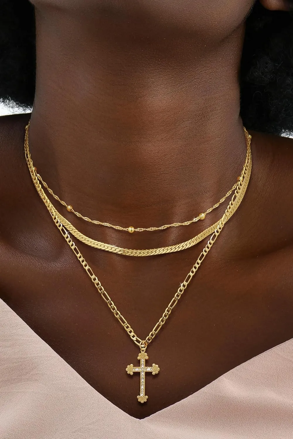 ASCOMY Gold Necklace for Women 14K Gold/Silver Plated Layered Necklaces Stackable Layering Cross Necklace Stacked Coin Pendant Pearl Herringbone Chain Stacking Gold Choker Trendy Jewelry Gift for Her