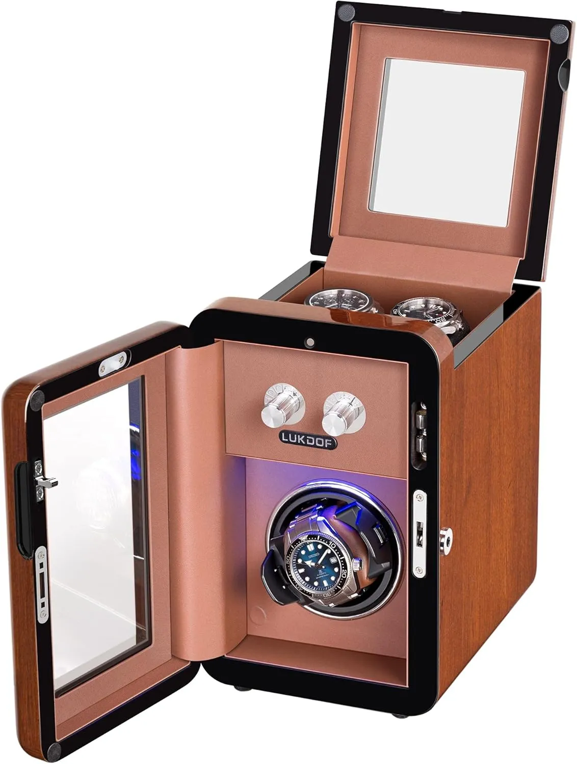 Automatic Watch Winder with Quiet Running Motor Watch Winding Display  2 Storage Box, Built-in Illumination, Walnut Watch Winder for Rolex with 3 Adjustable Upgraded Watch Pillows, AC Adapter