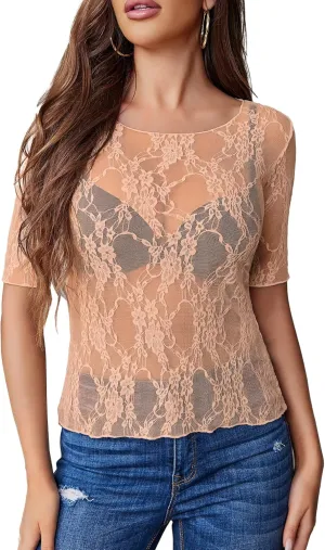 Avidlove Mesh Top for Women Short Sleeve Crew Neck Fitted Top Solid & Floral Lace Tee Shirts