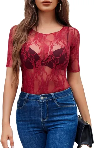 Avidlove Mesh Top for Women Short Sleeve Crew Neck Fitted Top Solid & Floral Lace Tee Shirts