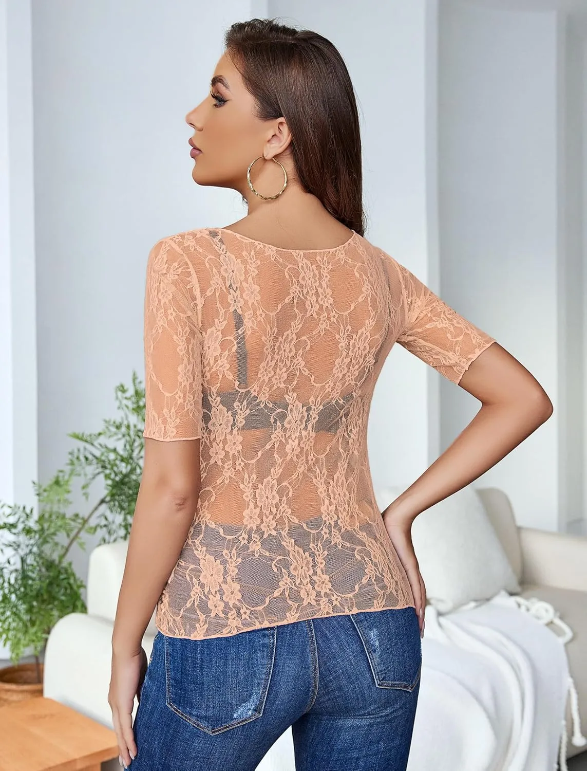 Avidlove Mesh Top for Women Short Sleeve Crew Neck Fitted Top Solid & Floral Lace Tee Shirts