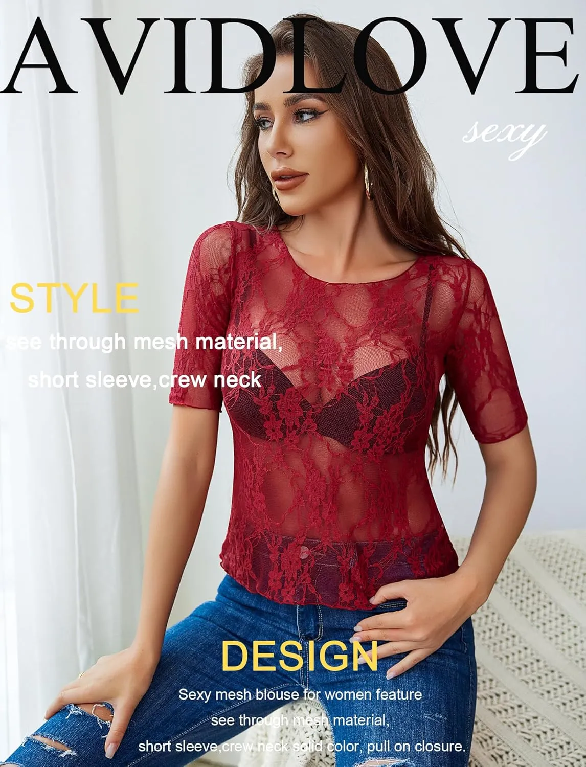 Avidlove Mesh Top for Women Short Sleeve Crew Neck Fitted Top Solid & Floral Lace Tee Shirts