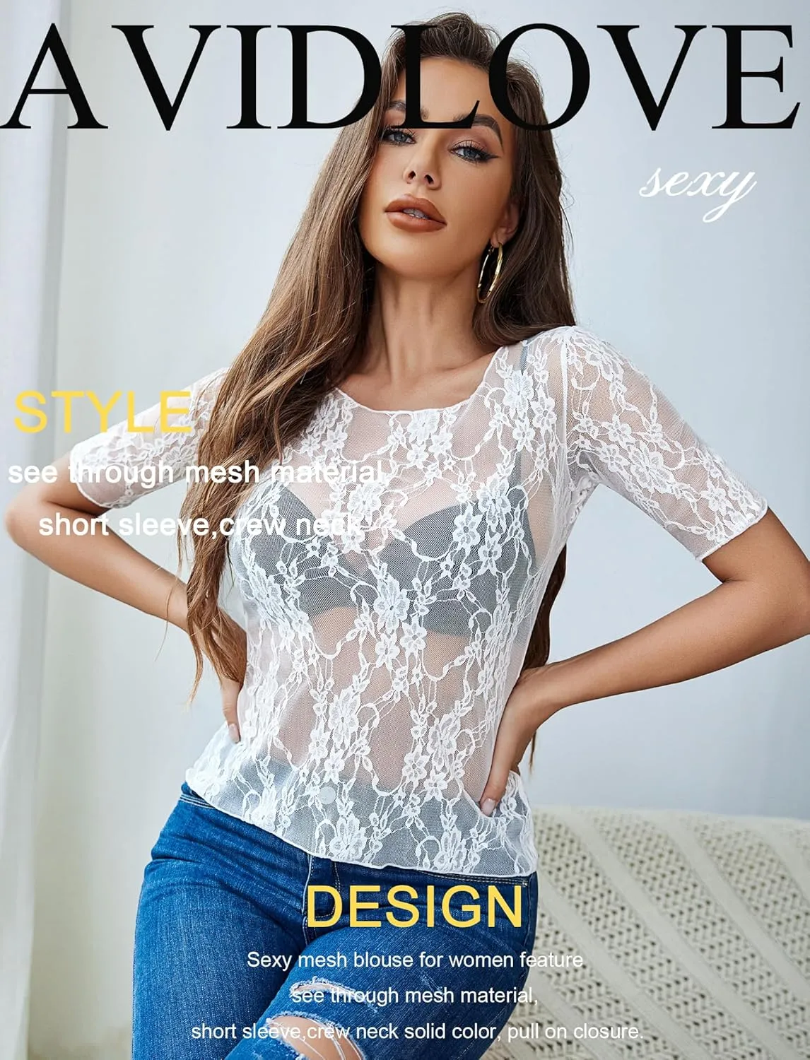 Avidlove Mesh Top for Women Short Sleeve Crew Neck Fitted Top Solid & Floral Lace Tee Shirts