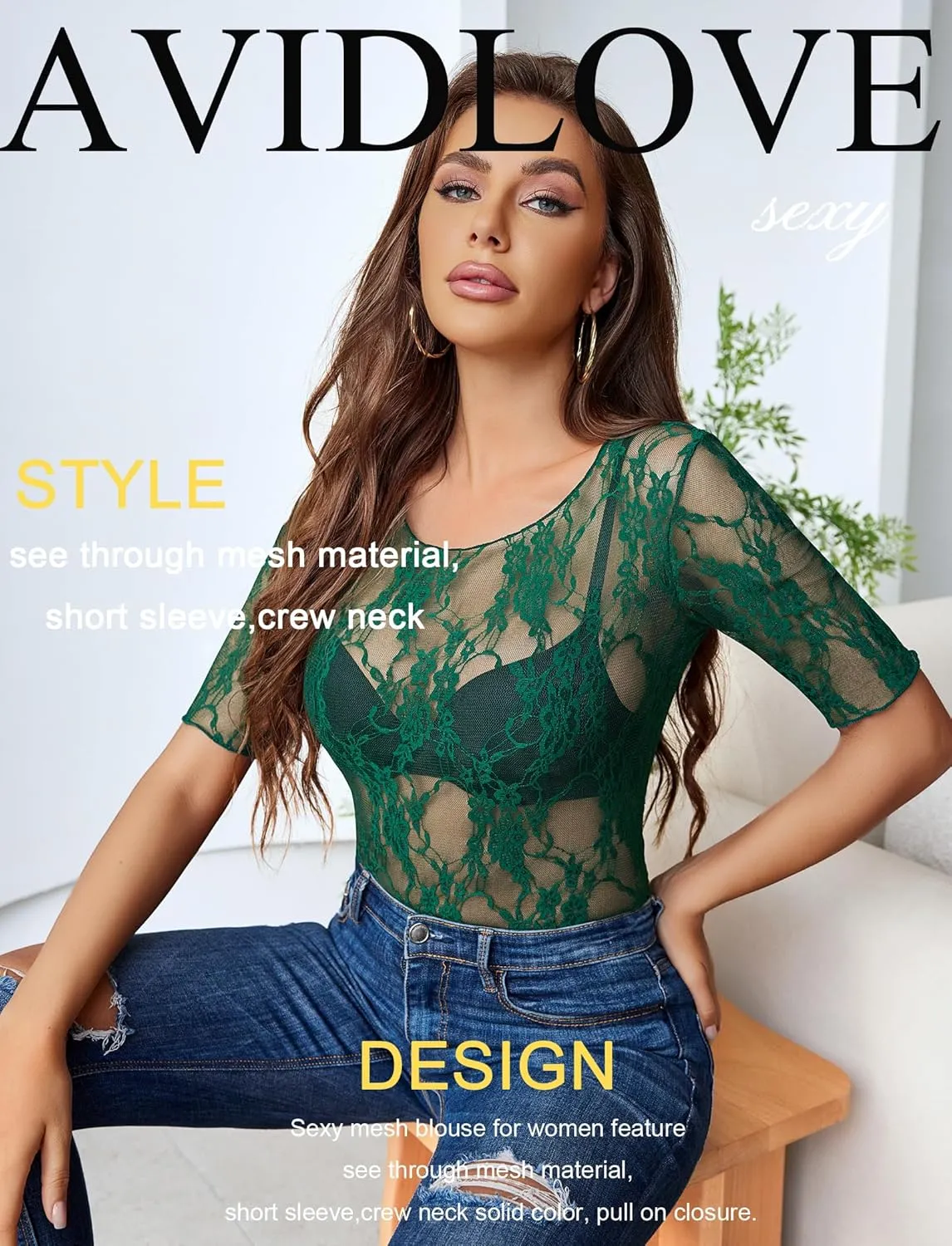 Avidlove Mesh Top for Women Short Sleeve Crew Neck Fitted Top Solid & Floral Lace Tee Shirts