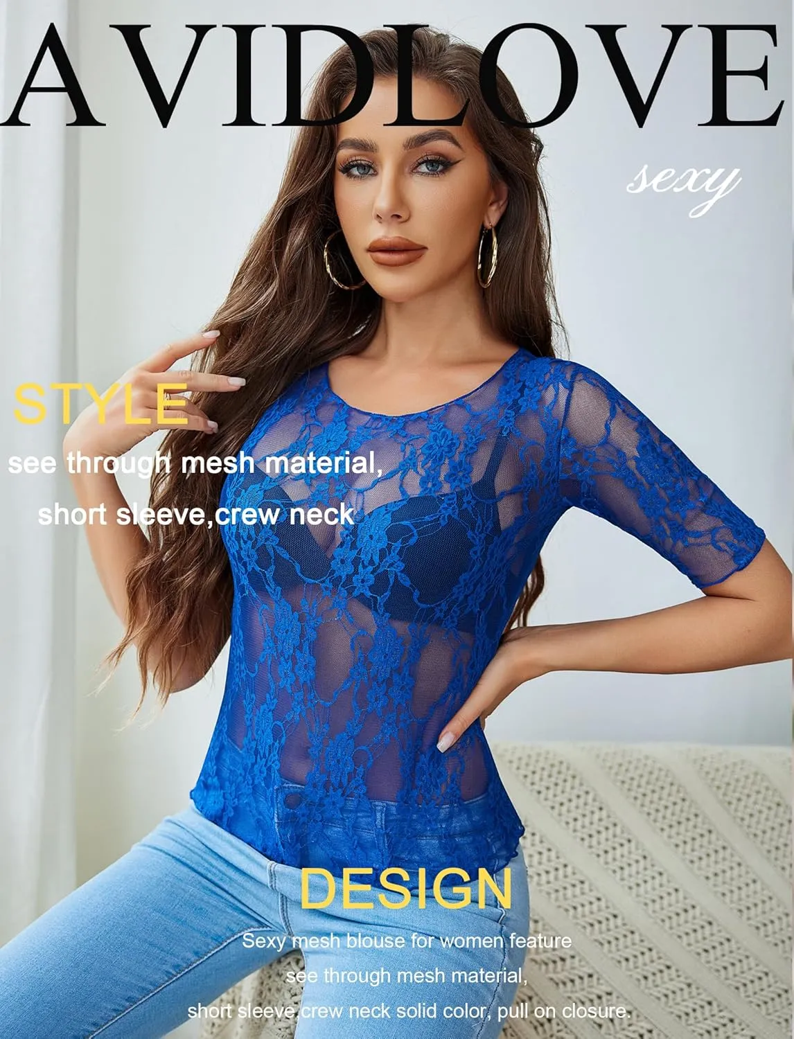 Avidlove Mesh Top for Women Short Sleeve Crew Neck Fitted Top Solid & Floral Lace Tee Shirts