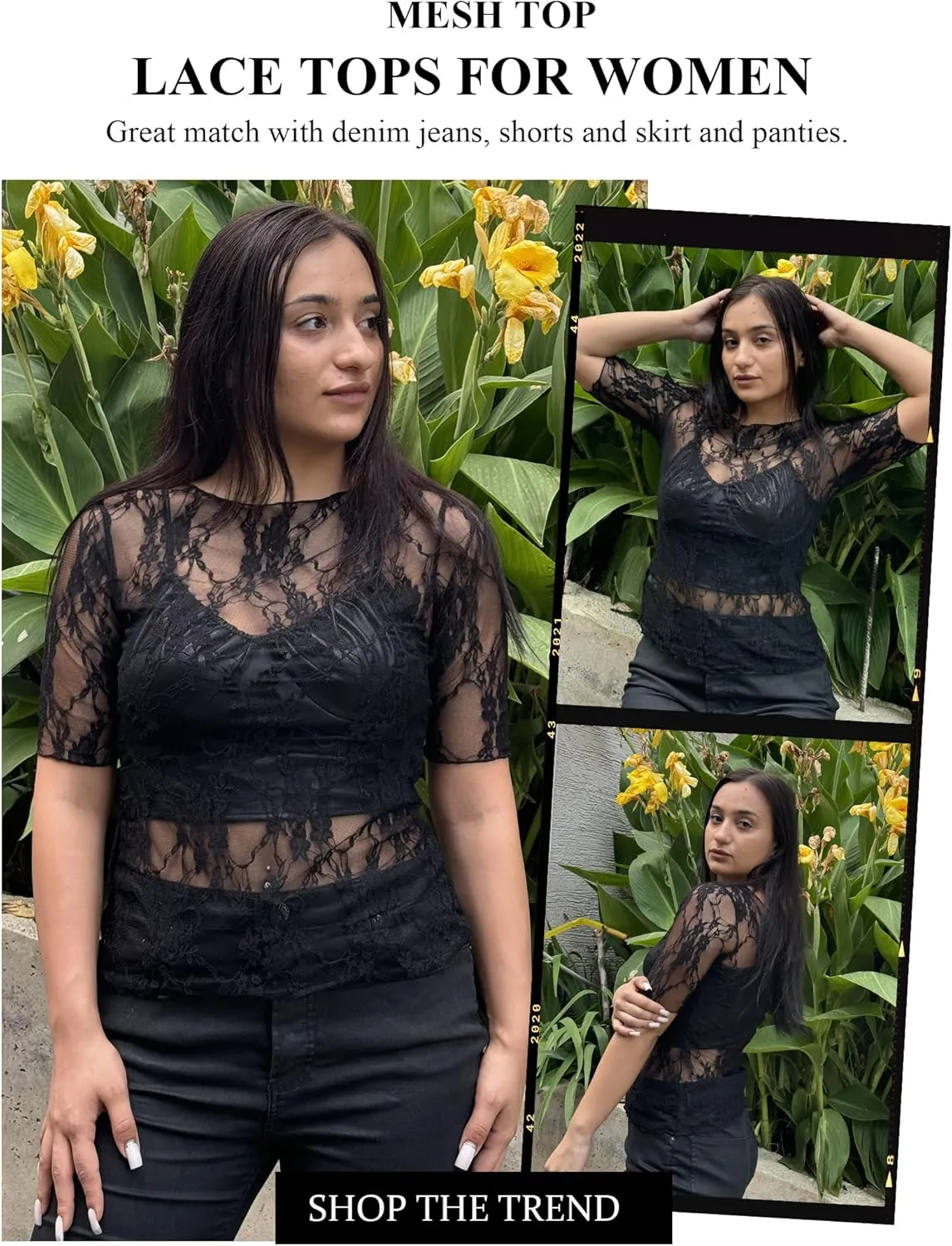 Avidlove Mesh Top for Women Short Sleeve Crew Neck Fitted Top Solid & Floral Lace Tee Shirts