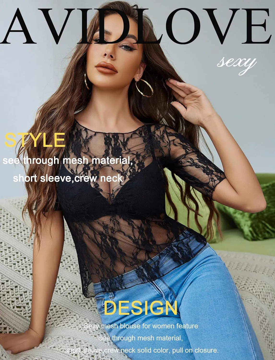 Avidlove Mesh Top for Women Short Sleeve Crew Neck Fitted Top Solid & Floral Lace Tee Shirts
