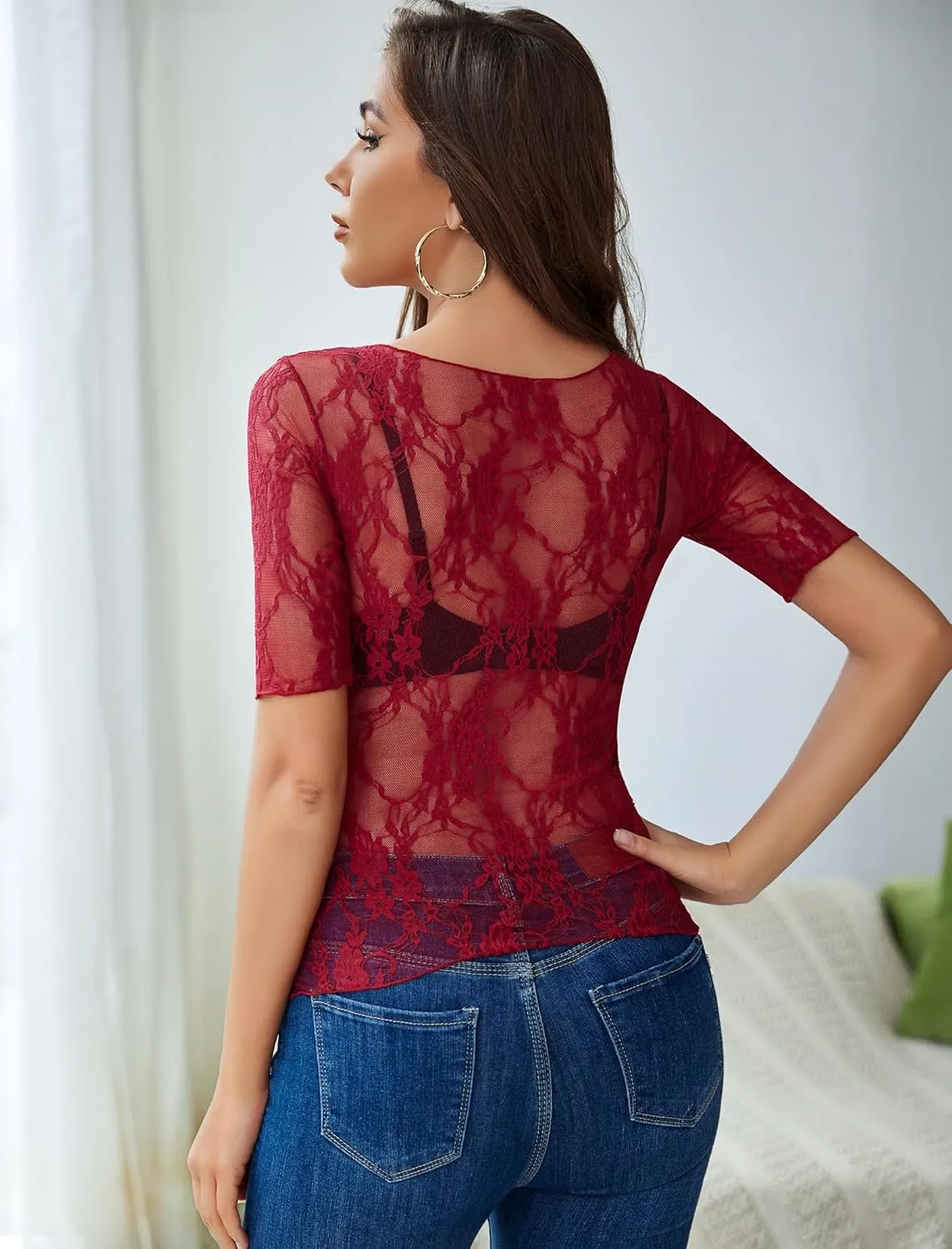 Avidlove Mesh Top for Women Short Sleeve Crew Neck Fitted Top Solid & Floral Lace Tee Shirts