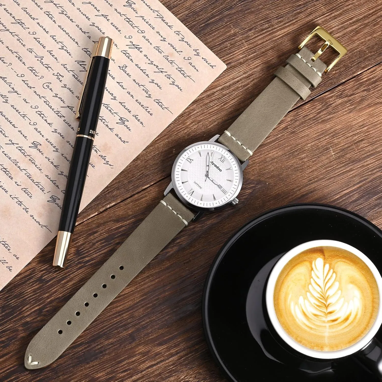 Ayadoo 18mm Italian Leather Watch Band Retro Quick Release Khaki Leather Replacement Watch Strap with Gold Buckle