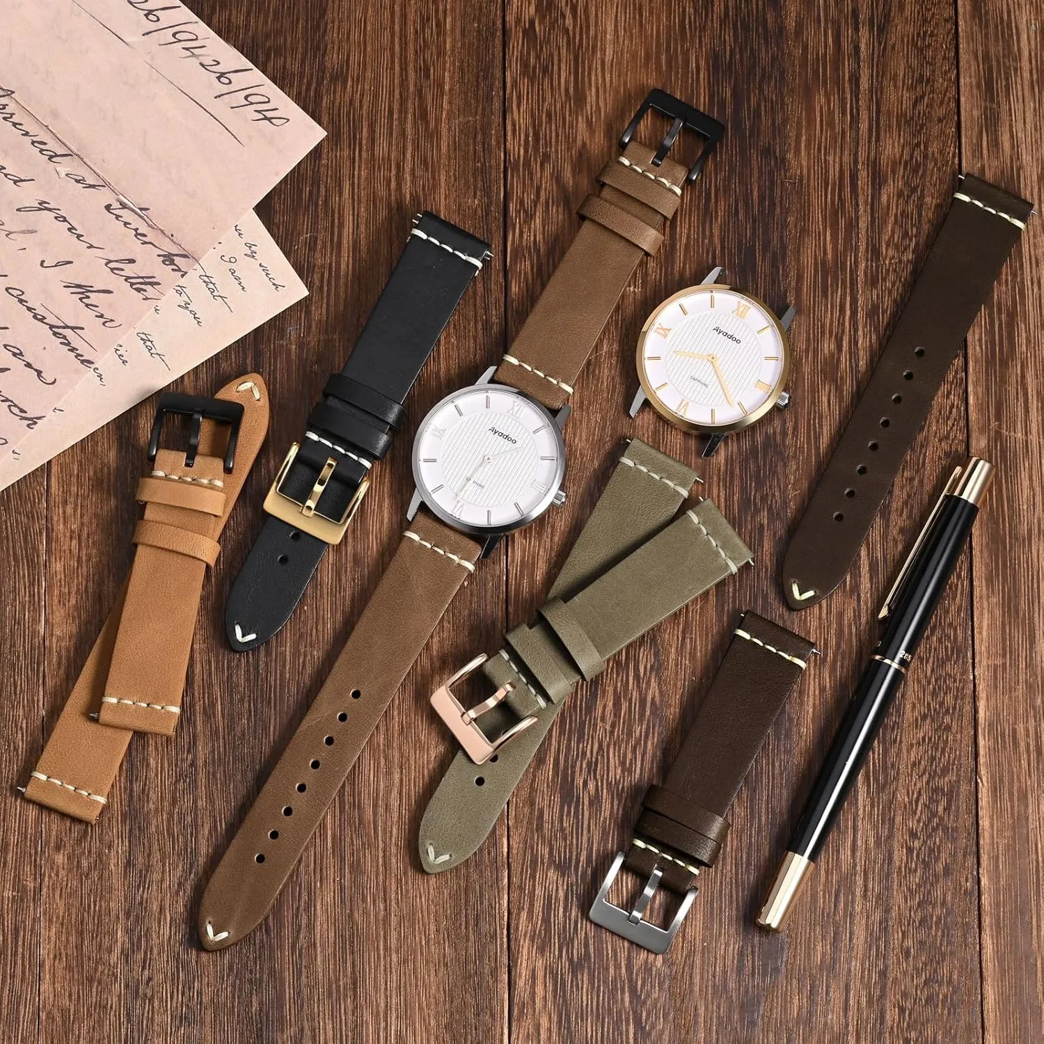 Ayadoo 18mm Italian Leather Watch Band Retro Quick Release Khaki Leather Replacement Watch Strap with Gold Buckle