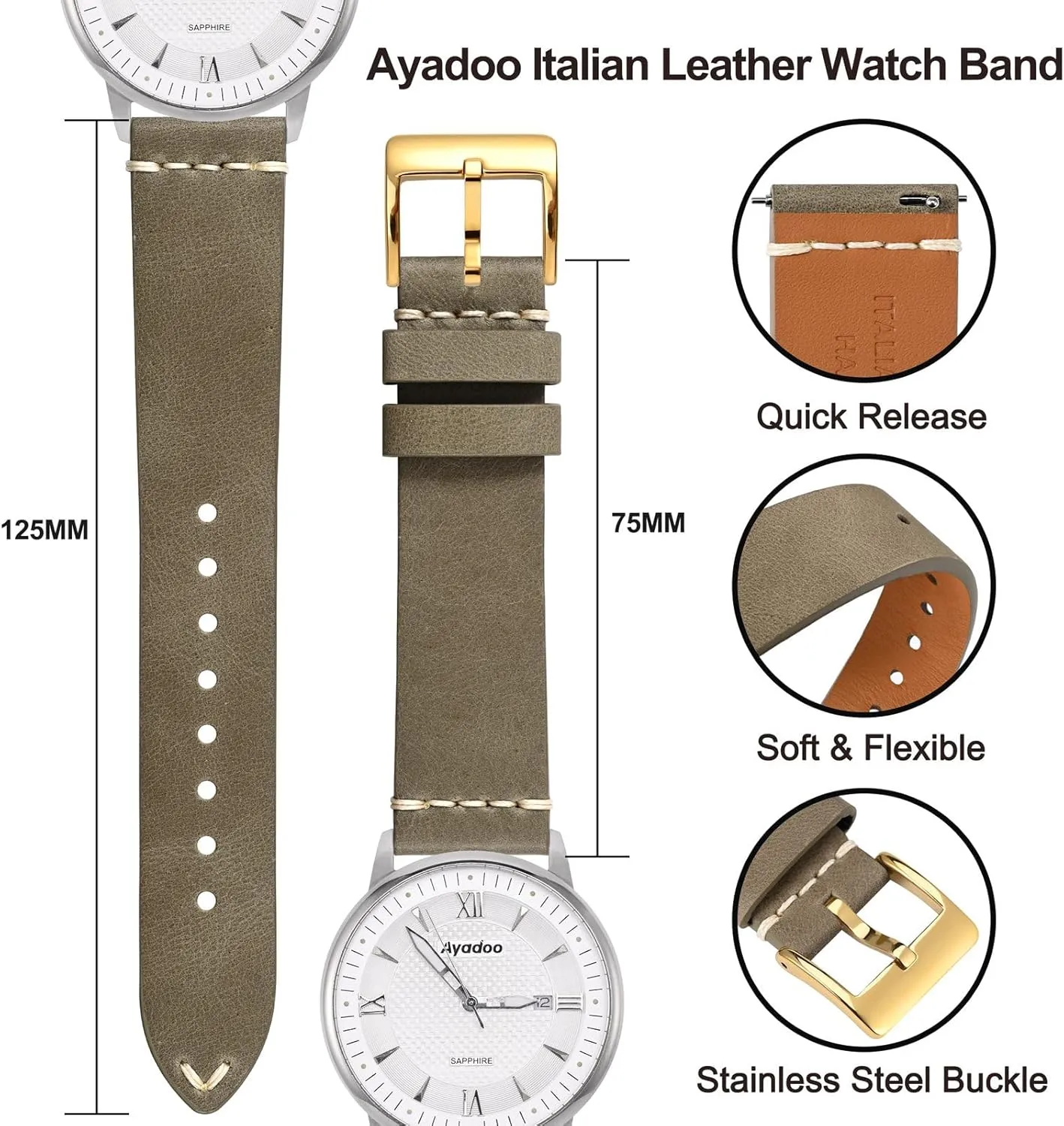 Ayadoo 18mm Italian Leather Watch Band Retro Quick Release Khaki Leather Replacement Watch Strap with Gold Buckle