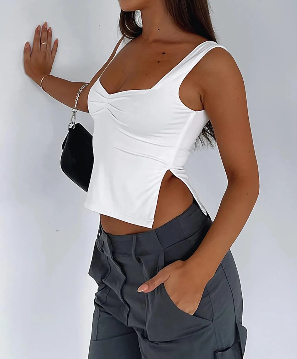 BAIGRAM Womens Sleeveless Slim Crop Tank Top Sexy Pleated Bustier Sweetheart Neck Strappy Slits Cropped Vest Cami