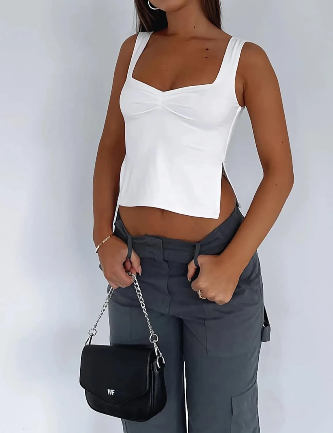 BAIGRAM Womens Sleeveless Slim Crop Tank Top Sexy Pleated Bustier Sweetheart Neck Strappy Slits Cropped Vest Cami