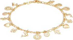 Barzel 18K Gold Plated Charm Anklet, Multi Charm Anklet for Women, 10 Inches - Made In Brazil