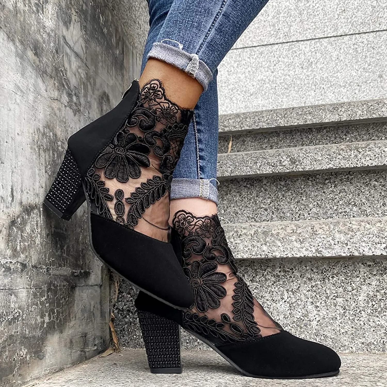 Beach Sandals for Women, Sandals for Women Sexy Hollow Floral Lace Chunky High Heels Casual Platform Boots