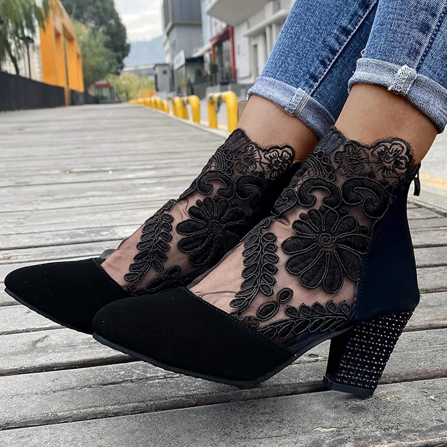 Beach Sandals for Women, Sandals for Women Sexy Hollow Floral Lace Chunky High Heels Casual Platform Boots