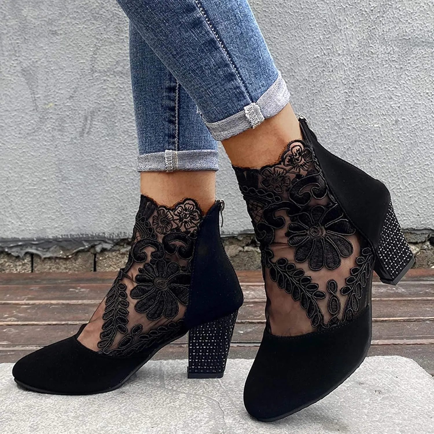 Beach Sandals for Women, Sandals for Women Sexy Hollow Floral Lace Chunky High Heels Casual Platform Boots