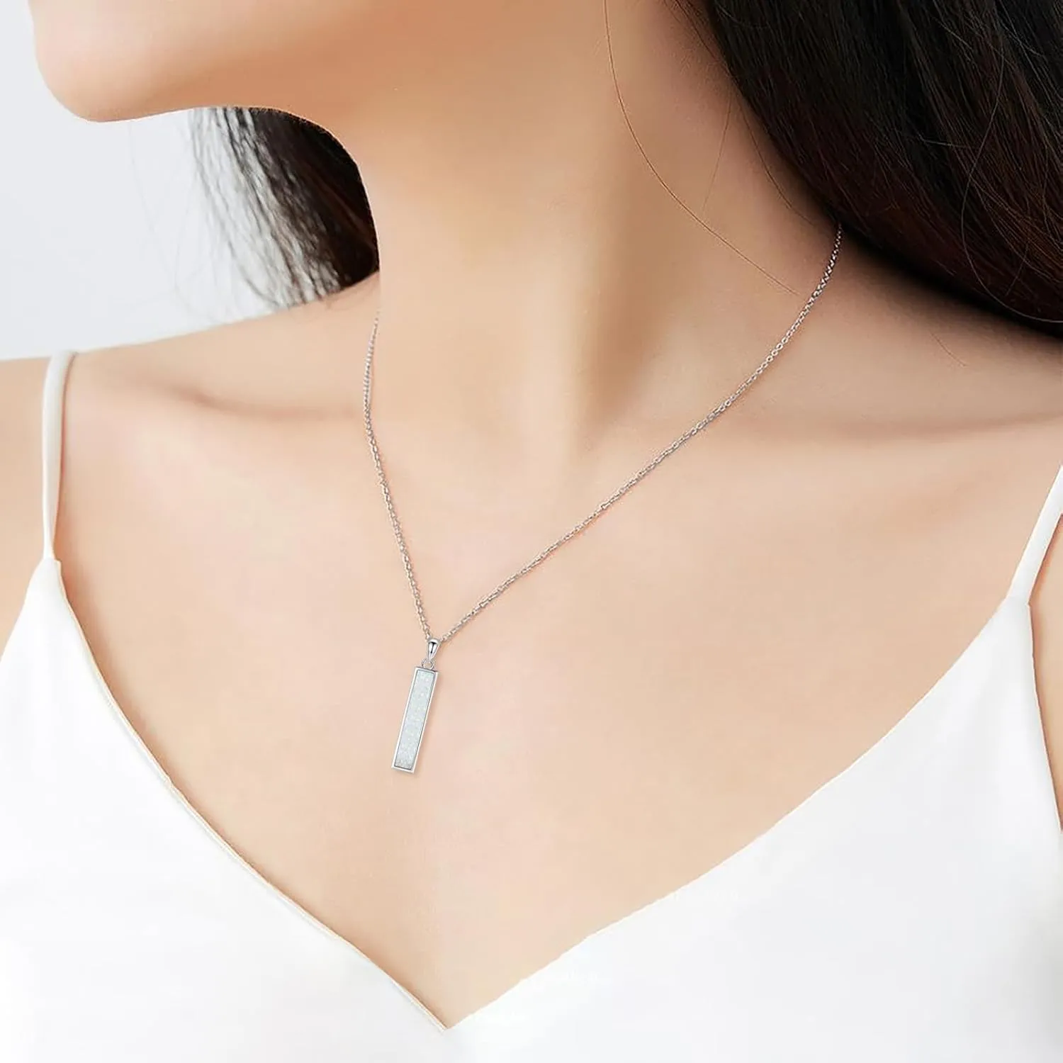 BEILIN Urn Necklaces for Ashes Sterling Silver Vertidal Bar Pendant Necklace Cube Memorial Ashes Necklace Opal Cremation Urn Pendant for Women