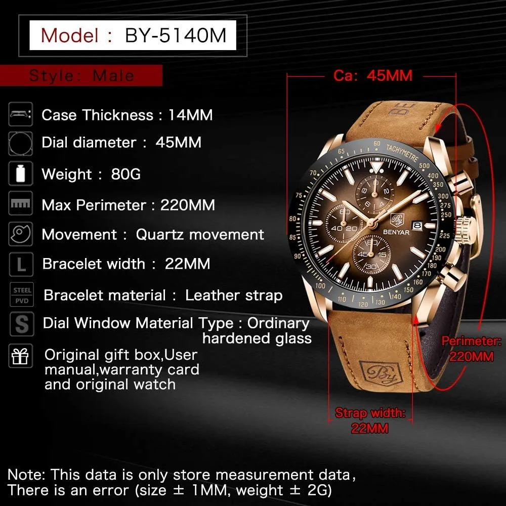 BENYAR - Stylish Wrist Watch for Men Silicone Strap Watches Quartz Movement, Waterproof and Scratch Resistant, Analog Chronograph Business Watch Mens Gift