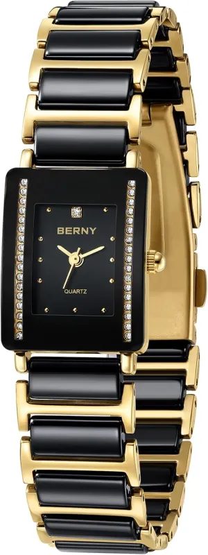 BERNY Gold Watches for Women Vintage Luxury Ladies Wirstwatch with Fashion Ceramic Band Waterproof Quartz Danity Womens Bracelet Watch