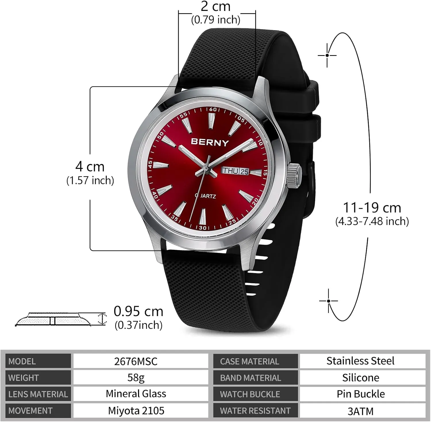 BERNY Quartz Watch for Men Miyota 2105 Movement Fashion Sports Wirstwatch 3ATM Waterproof Day Date Colorful Dials Quick Release Silicone Watch Band