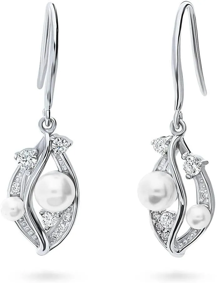 BERRICLE Sterling Silver Imitation Pearl Fish Hook Dangle Drop Earrings for Women, Rhodium Plated