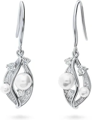 BERRICLE Sterling Silver Imitation Pearl Fish Hook Dangle Drop Earrings for Women, Rhodium Plated