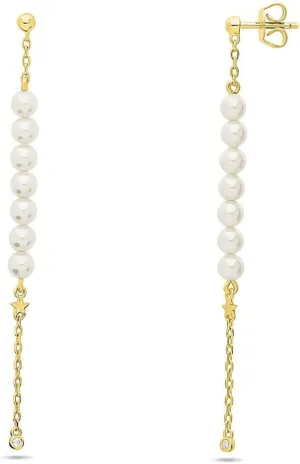 BERRICLE Sterling Silver Star Imitation Pearl Ball Bead Fashion Dangle Drop Earrings for Women, Yellow Gold Flashed