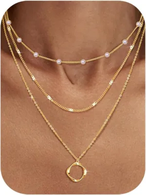 Besteel 3Pcs Dainty Layered Gold Necklaces for Women - Paperclip Pearl Choker Necklace Stack Set Trendy Simple Layering Chain Pendant Jewelry Non Tarnish Waterproof Gifts