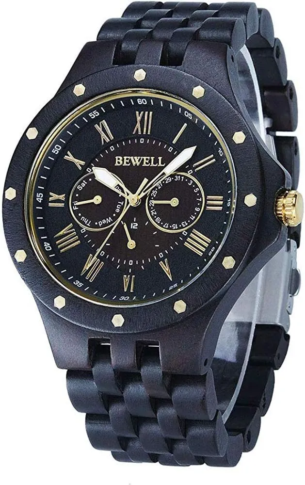 BEWELL Men Wood Watch Quartz, Lightweight Vintage Men Wrist Watches with All Wood Strap