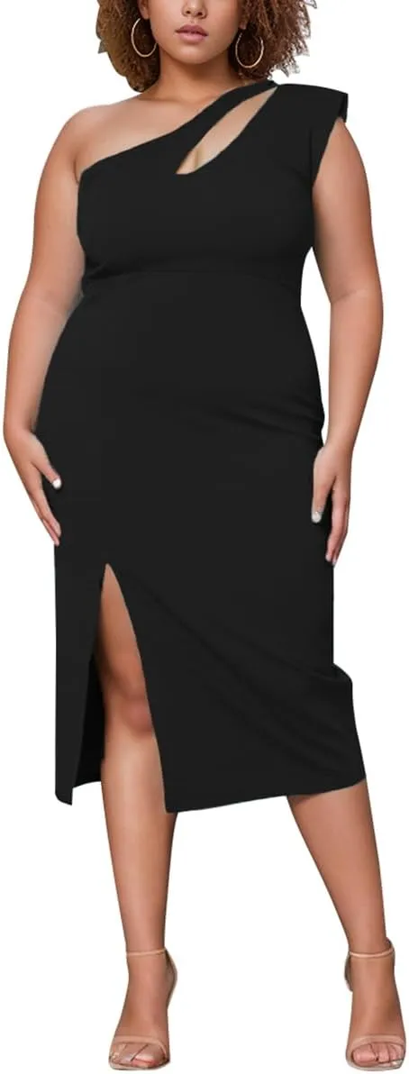 BFFBABY Womens Plus Size One Shoulder Midi Dress Summer Casual Slim Slit Sleeveless Elegant Dress