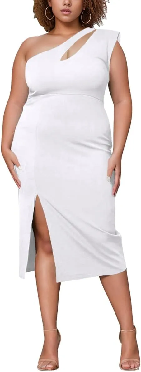 BFFBABY Womens Plus Size One Shoulder Midi Dress Summer Casual Slim Slit Sleeveless Elegant Dress