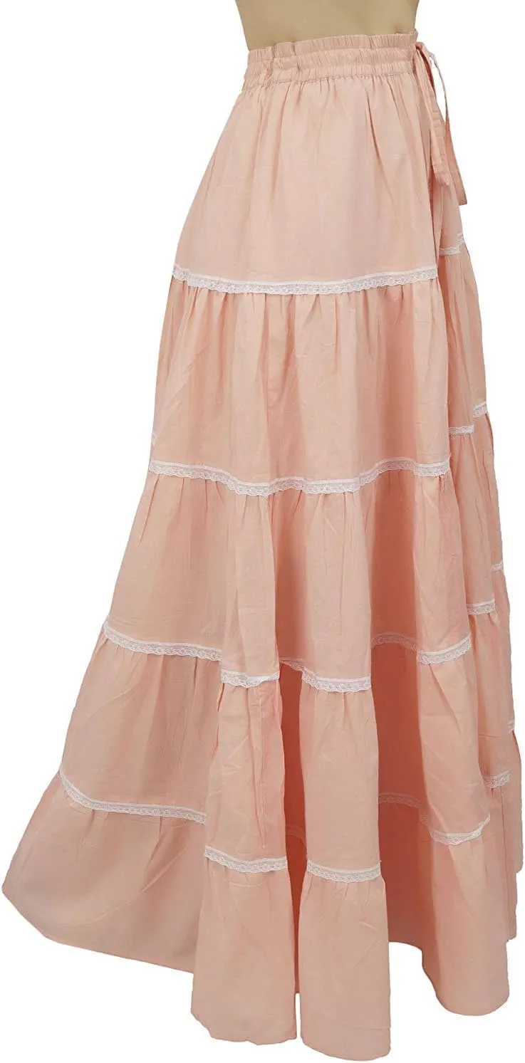 Bimba Womens Long Flaired Cotton Skirt Boho Maxi Bottoms Elastic Waist Indian Clothing