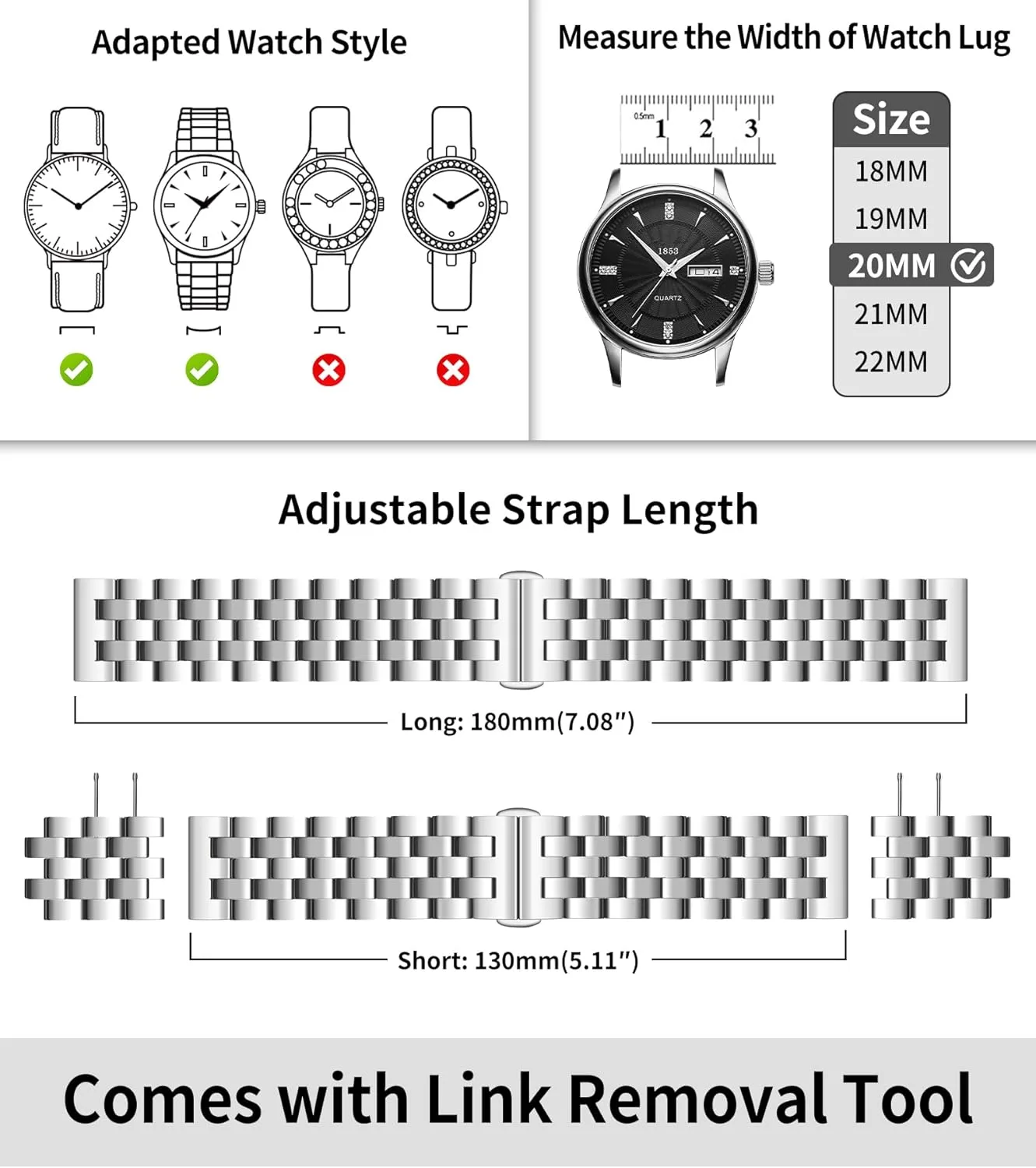BINLUN Stainless Steel Watch Band Replacement Metal Watch Straps for Men and Women 18mm/19mm/20mm/21mm/22mm/24mm with Curved and Straight End in Silver, Gold, Black, Rose Gold, Two Toned