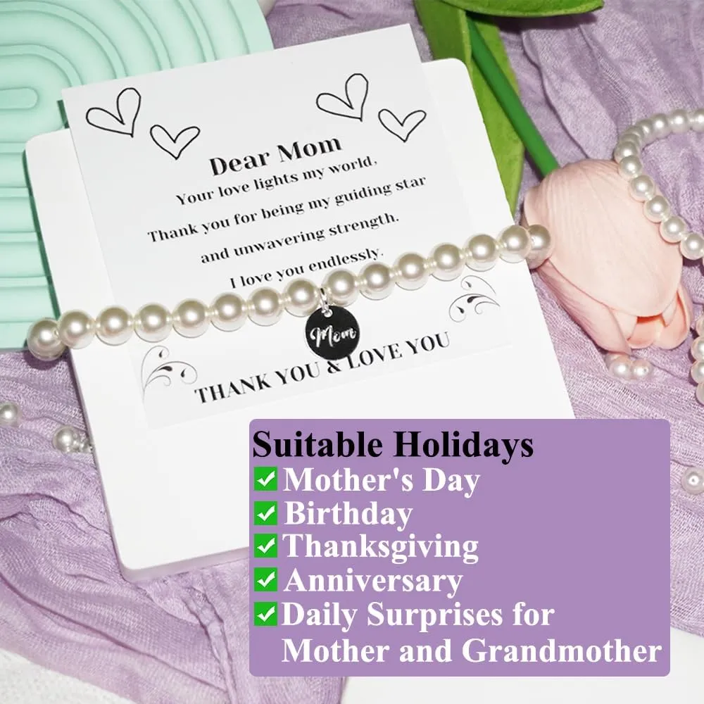 Birthday Gifts for Mom Grandma, Pearl Bracelets for Women, White Stretch Pearl Bracelet with MOM LOVE Letter, 4mm 6mm 8mm Faux Beaded Bracelets for Mother's Day Anniversary