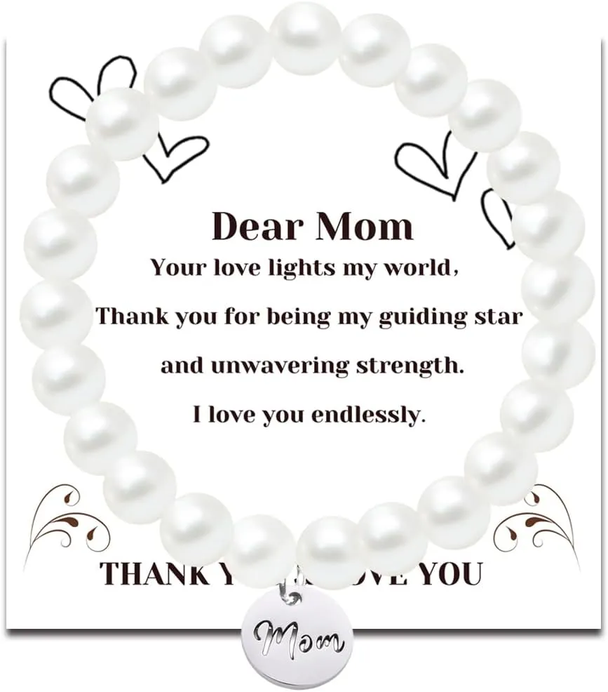 Birthday Gifts for Mom Grandma, Pearl Bracelets for Women, White Stretch Pearl Bracelet with MOM LOVE Letter, 4mm 6mm 8mm Faux Beaded Bracelets for Mother's Day Anniversary
