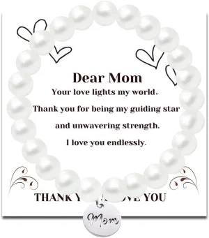 Birthday Gifts for Mom Grandma, Pearl Bracelets for Women, White Stretch Pearl Bracelet with MOM LOVE Letter, 4mm 6mm 8mm Faux Beaded Bracelets for Mother's Day Anniversary