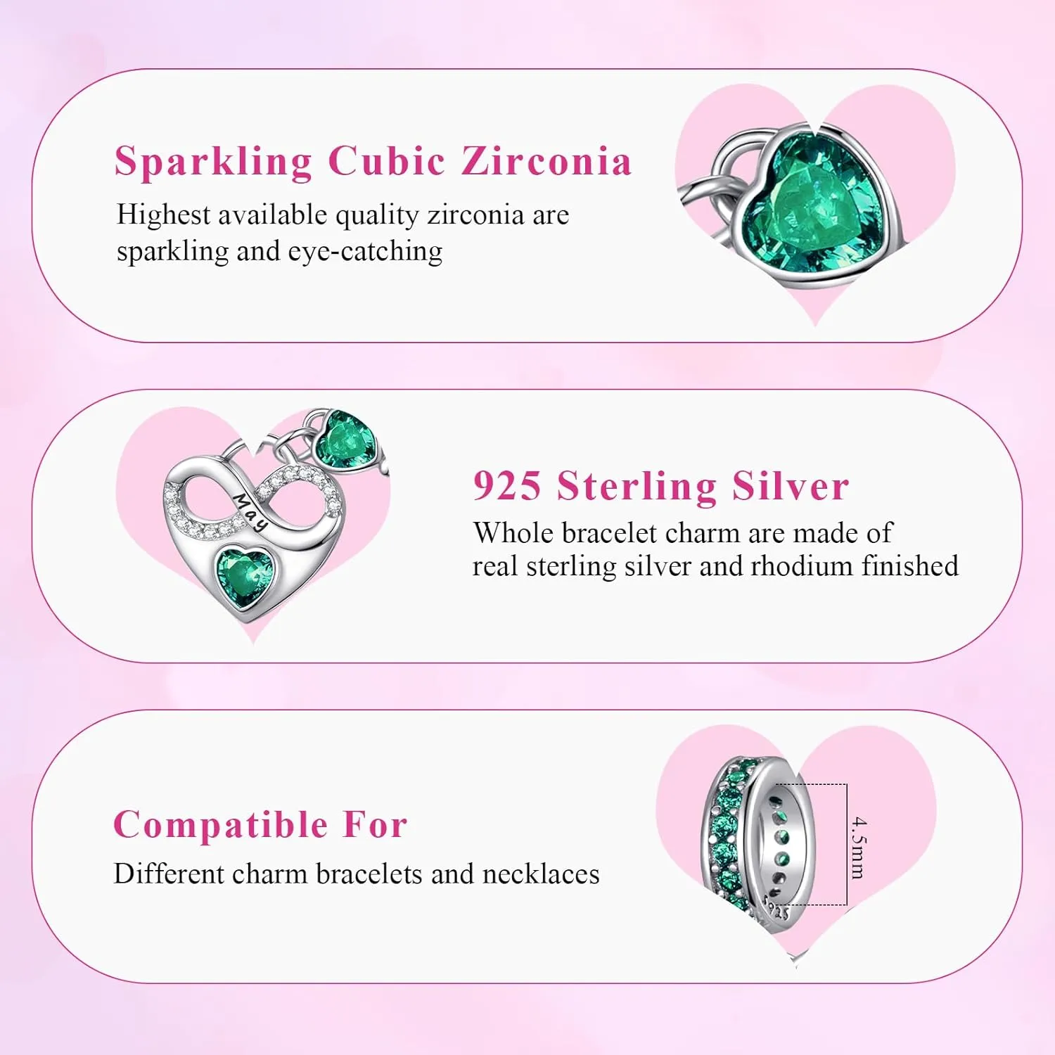 Birthstone Charm for Charm Bracelet, 925 Sterling Silver Infinity Love Heart Dangle Charm for Bracelet and Necklace, Birthday Mother's day Christmas Jewelry Gifts for Women