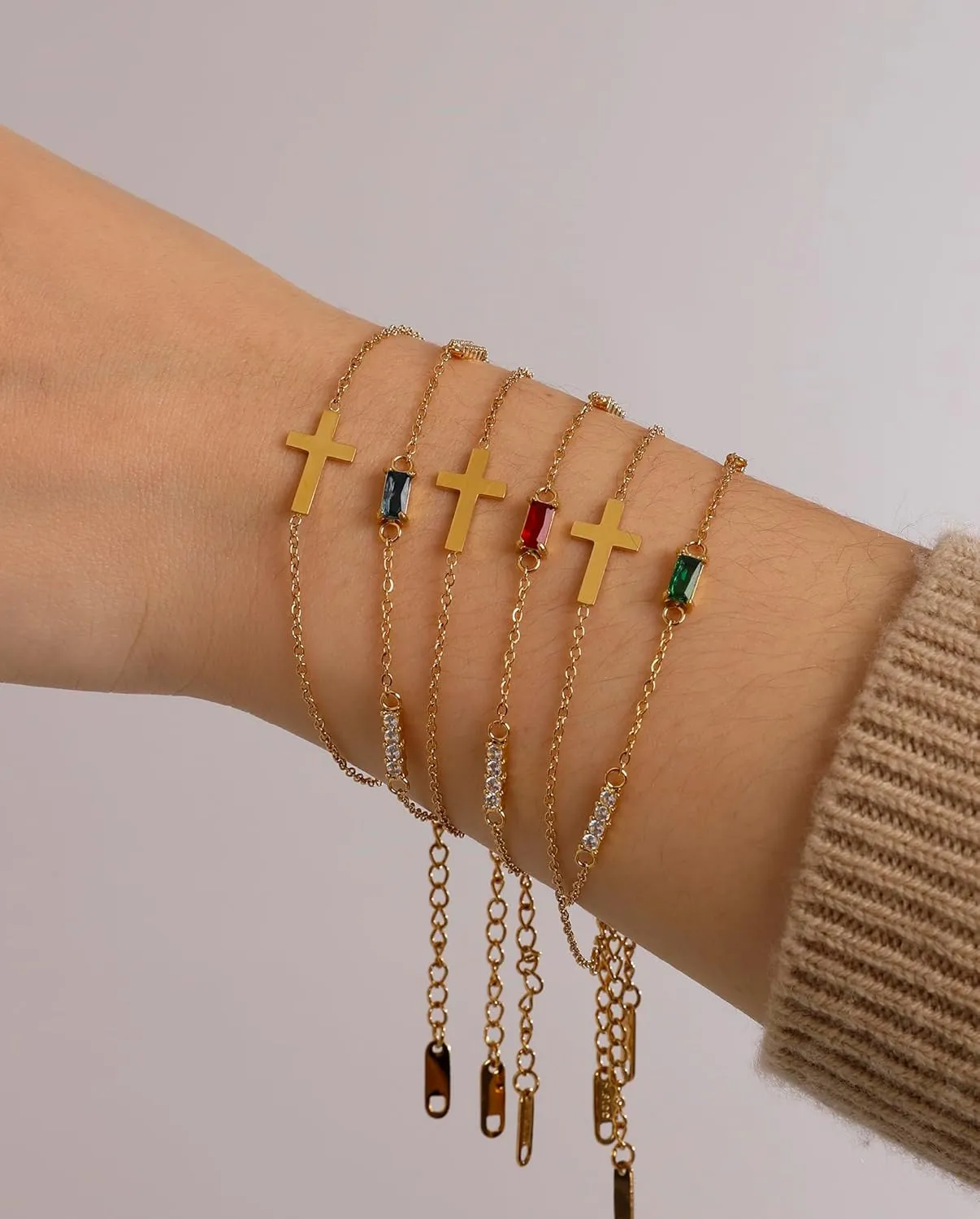 Birthstone Gold Layered Cross Bracelet for Women Dainty Trendy 14K Gold Plated Bracelet Stackable Link Bracelet Blue Green May Emerald Friendship Bracelets for Women Jewelry Gifts